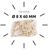 100 X kołek drewniany meblowy Ø 8 X 60 mm
